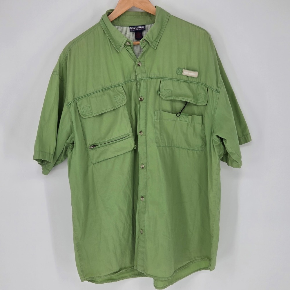 Reel Legends Mens XL Green Short Sleeve‎ Fishing Ventilated Performance Pockets